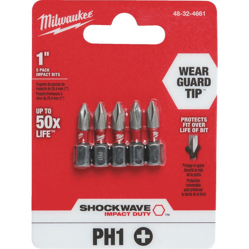 Milwaukee Shockwave #1 Phillips 1 In. Insert Impact Screwdriver Bit (5-Pack)